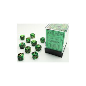 Chessex: Gemini Black-Green/Gold 12mm d6 Dice Block - 36 dobbelstenen (CHX26839) - verpakking met dobbelstenen