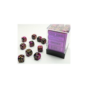 Chessex: Gemini Black-Purple/Gold 12mm d6 Dice Block - 36 dobbelstenen (CHX26840) - verpakking met dobbelstenen