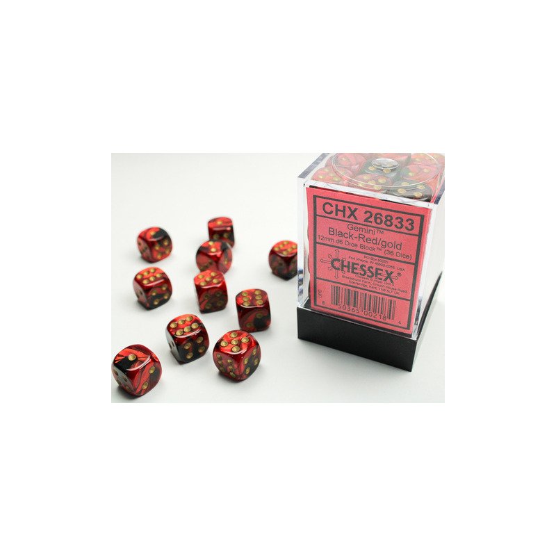 Chessex: Gemini Black-Red/Gold 12mm d6 Dice Block - 36 dobbelstenen (CHX26833) - verpakking met dobbelstenen