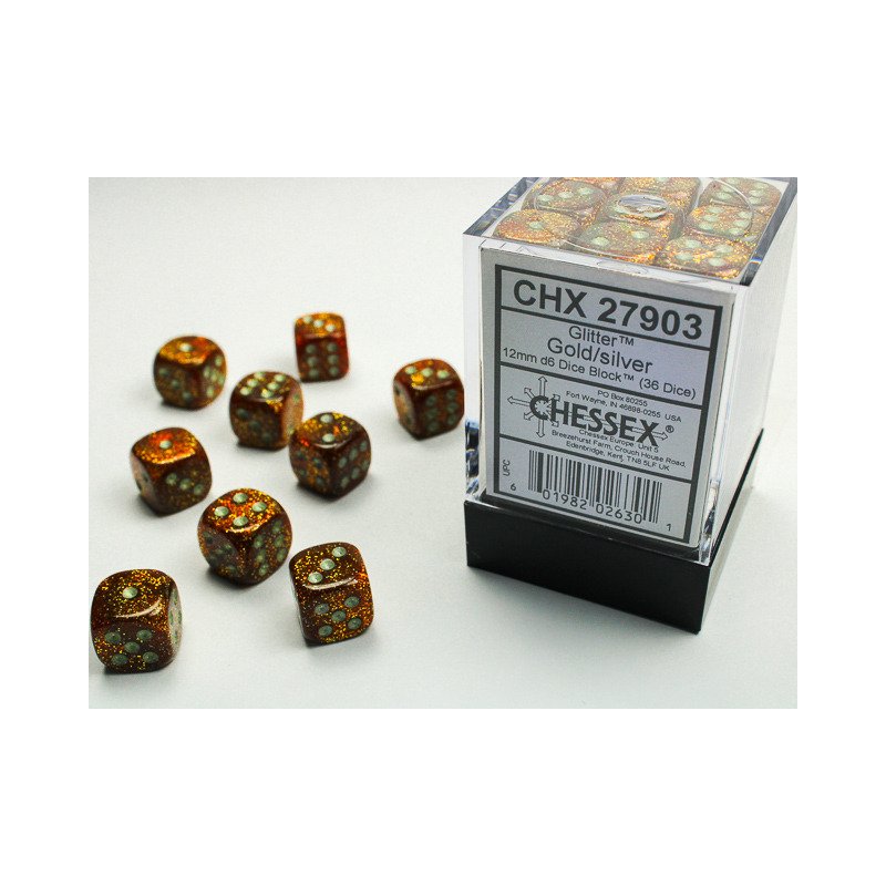 Chessex: Glitter Gold/Silver 12mm d6 Dice Block - 36 dobbelstenen (CHX27903) - verpakking met dobbelstenen
