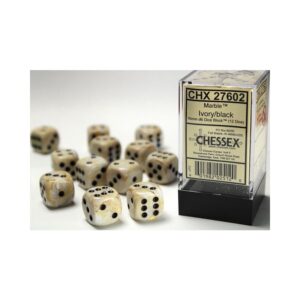 Chessex: Marble Ivory/Black 16mm d6 Dice Block - 12 dobbelstenen (CHX27602) - verpakking met dobbelstenen