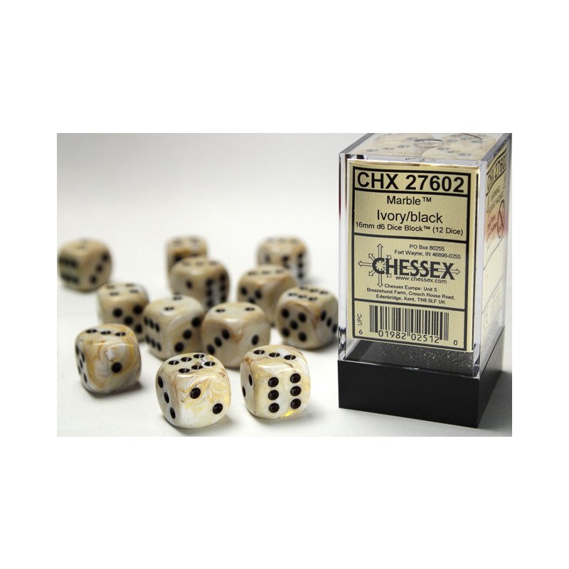 Chessex: Marble Ivory/Black 16mm d6 Dice Block - 12 dobbelstenen (CHX27602) - verpakking met dobbelstenen