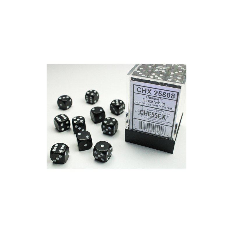 Chessex: Opaque Black/White 12mm d6 Dice Block - 36 dobbelstenen (CHX25808) - verpakking met dobbelstenen