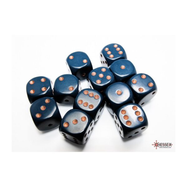 Chessex: Opaque Dusty Blue/Copper 16mm d6 Dice Block - 12 dobbelstenen (CHX25626) - verpakking met dobbelstenen
