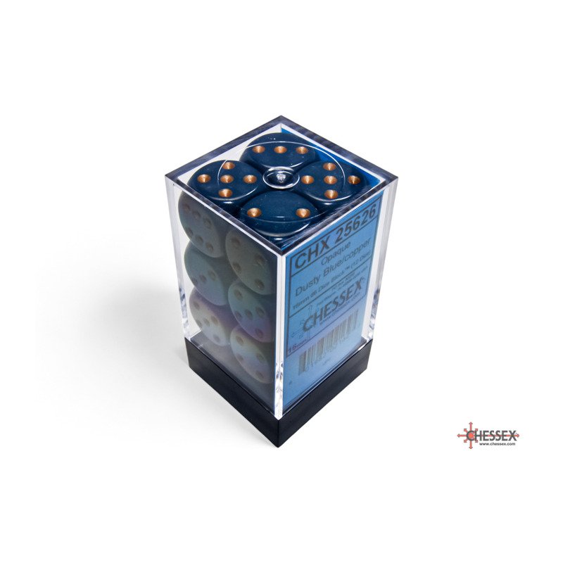 Chessex: Opaque Dusty Blue/Copper 16mm d6 Dice Block - 12 dobbelstenen (CHX25626) - detailopname van de dobbelstenen