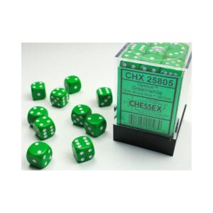 Chessex: Opaque Green/White 12mm d6 Dice Block - 36 dobbelstenen (CHX25805) - verpakking met dobbelstenen