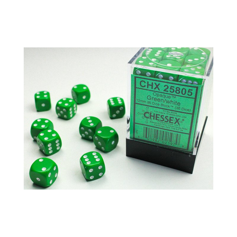 Chessex: Opaque Green/White 12mm d6 Dice Block - 36 dobbelstenen (CHX25805) - verpakking met dobbelstenen