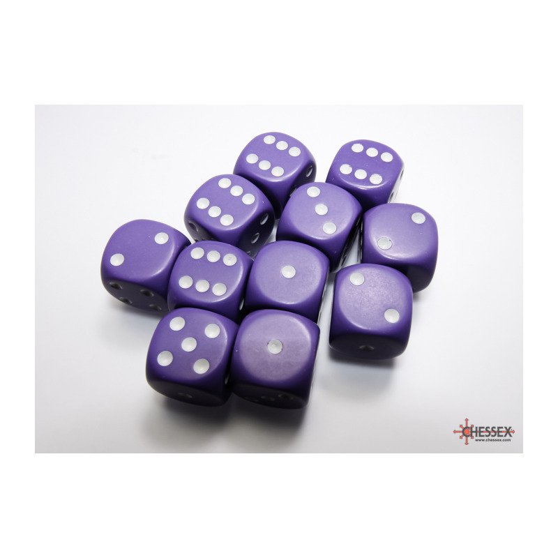 Chessex: Opaque Purple/White 16mm d6 Dice Block - 12 dobbelstenen (CHX25607) - verpakking met dobbelstenen