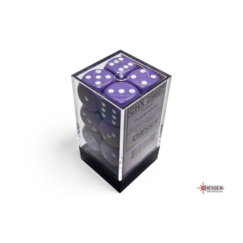 Chessex: Opaque Purple/White 16mm d6 Dice Block - 12 dobbelstenen (CHX25607) - detailopname van de dobbelstenen