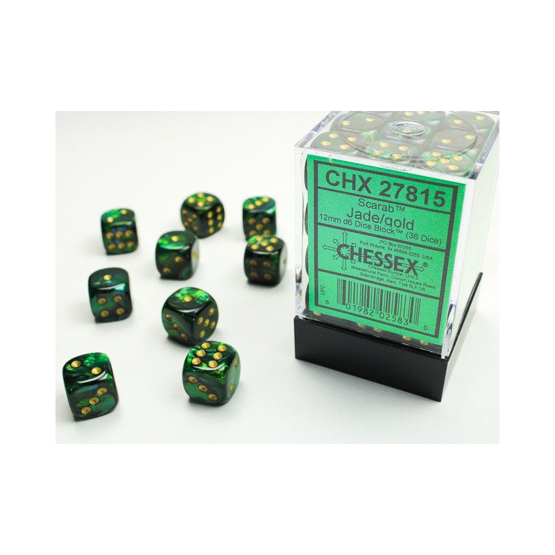 Chessex: Scarab Jade/Gold 12mm d6 Dice Block - 36 dobbelstenen (CHX27815) - verpakking met dobbelstenen