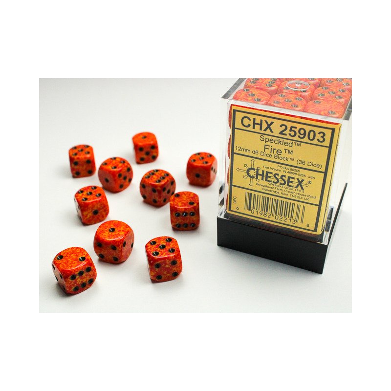 Chessex: Speckled Fire 12mm d6 Dice Block - 36 dobbelstenen (CHX25903) - verpakking met dobbelstenen