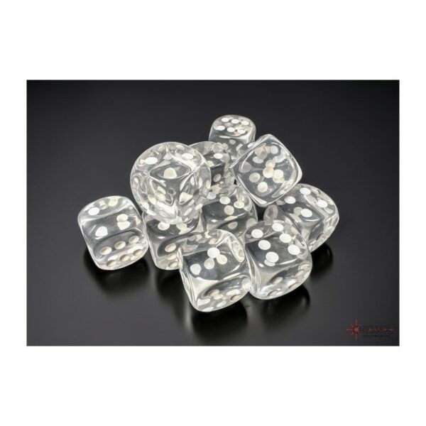 Chessex: Translucent Clear/White 16mm d6 Dice Block - 12 dobbelstenen (CHX23601) - verpakking met dobbelstenen