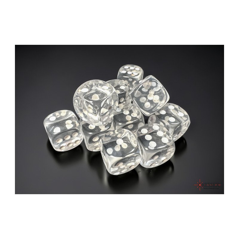 Chessex: Translucent Clear/White 16mm d6 Dice Block - 12 dobbelstenen (CHX23601) - verpakking met dobbelstenen