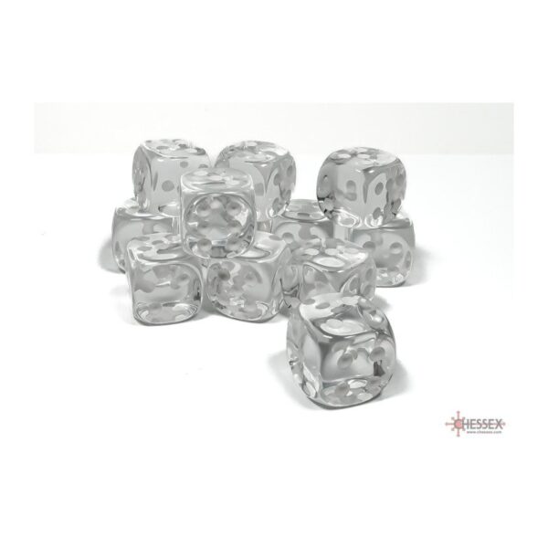 Chessex: Translucent Clear/White 16mm d6 Dice Block - 12 dobbelstenen (CHX23601) - detailopname van de dobbelstenen