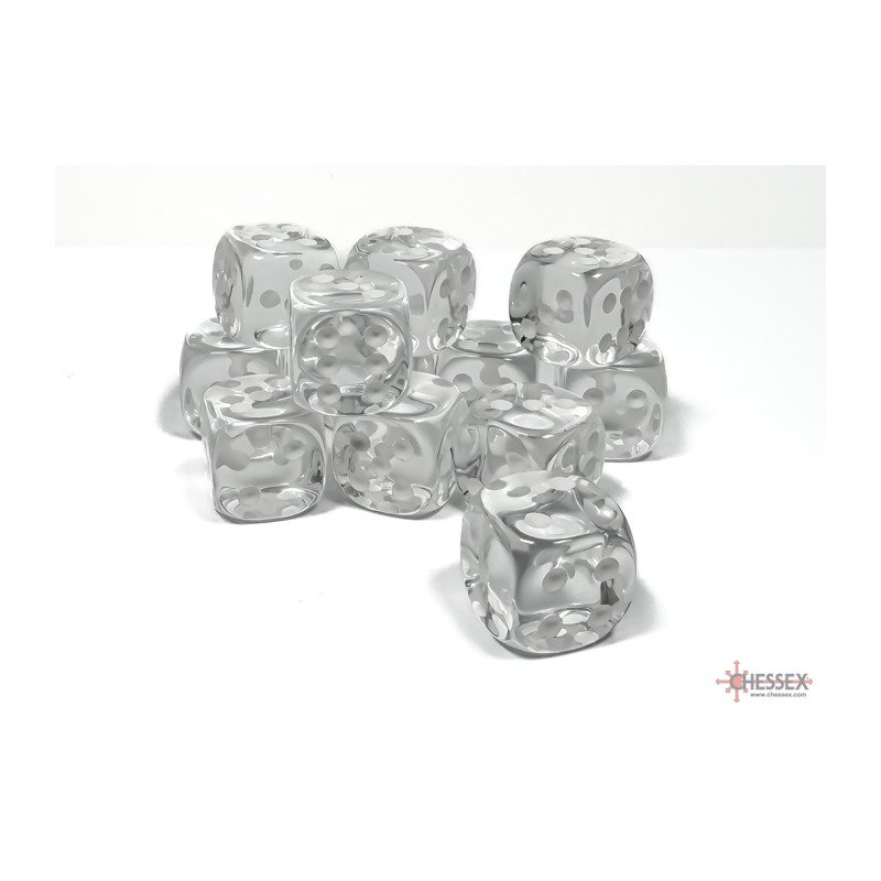 Chessex: Translucent Clear/White 16mm d6 Dice Block - 12 dobbelstenen (CHX23601) - detailopname van de dobbelstenen