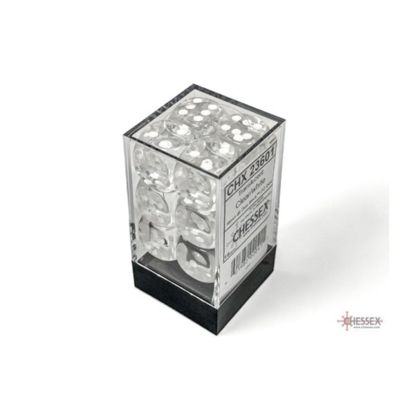 Chessex: Translucent Clear/White 16mm d6 Dice Block - 12 dobbelstenen (CHX23601) - dobbelstenen buiten de verpakking