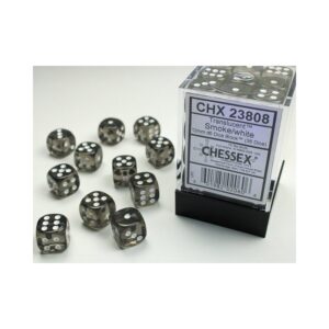 Chessex: Translucent Smoke/White 12mm d6 Dice Block - 36 dobbelstenen (CHX23808) - verpakking met dobbelstenen