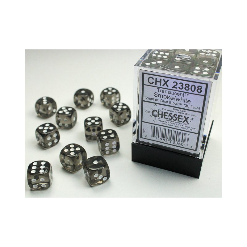 Chessex: Translucent Smoke/White 12mm d6 Dice Block - 36 dobbelstenen (CHX23808) - verpakking met dobbelstenen