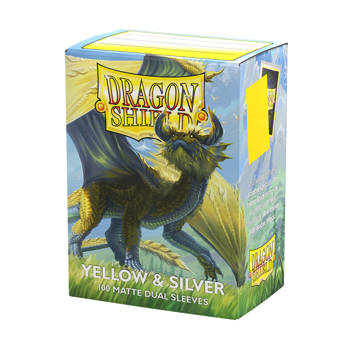 Dragon Shield: Yellow & Silver - 100x Matte Dual Sleeves - Standard Size - verpakking vooraan